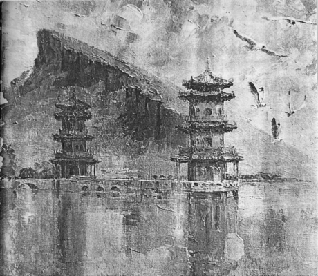 鄭炯灶〈臺灣半屏山〉油畫，描繪蓮池潭春秋閣與遠方山勢