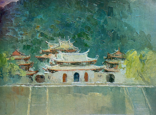 鄭炯灶〈南普陀寺〉描繪廈門寺院建築與水面倒影